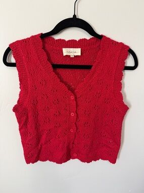 One Loved Babe Red Button-Front Eyelet Crop Vest